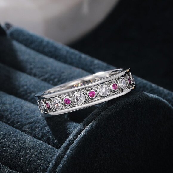 ✨Eternity 925 Silver Plated White Red Inlaid CZ Bling Dainty Rings, UNVN12236 - Picture 1 of 3